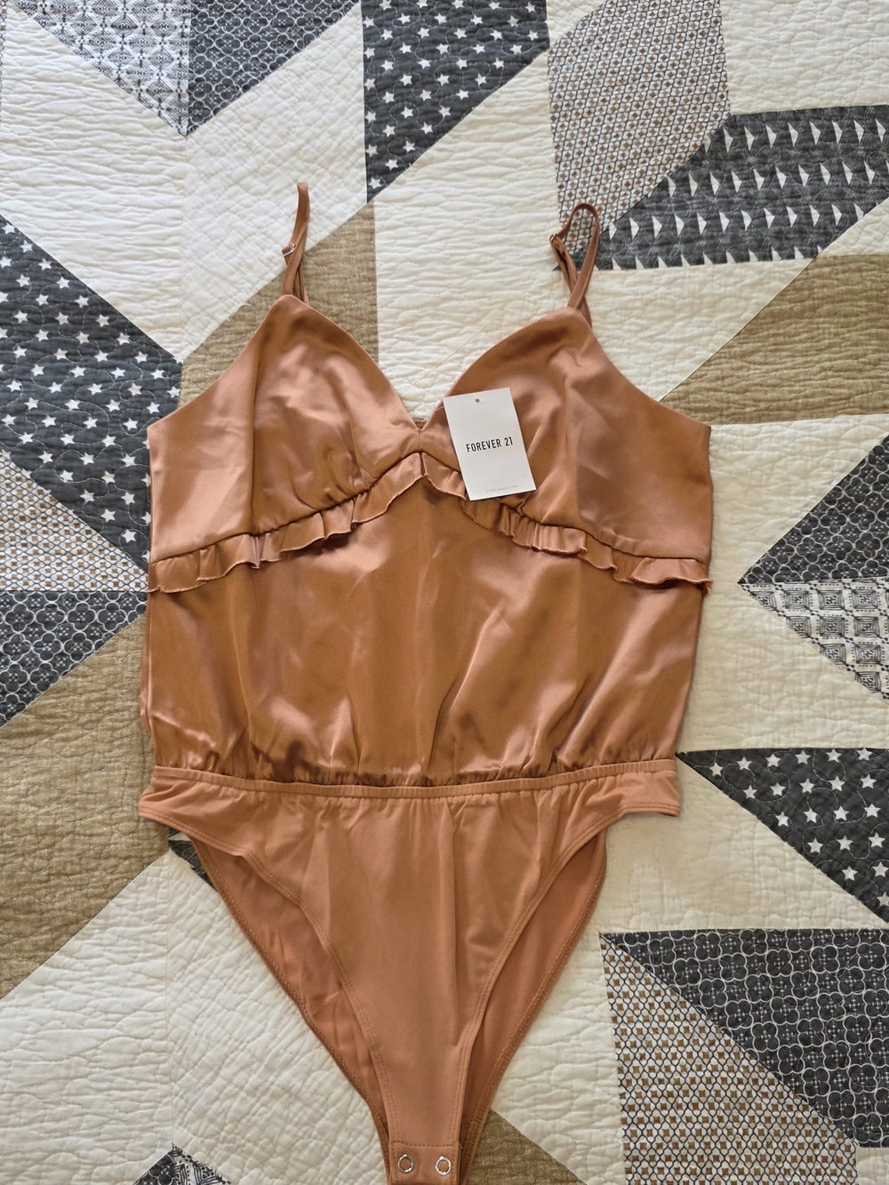 Forever 21 Women Satin Ruffle Bodysuit - Rust Brown